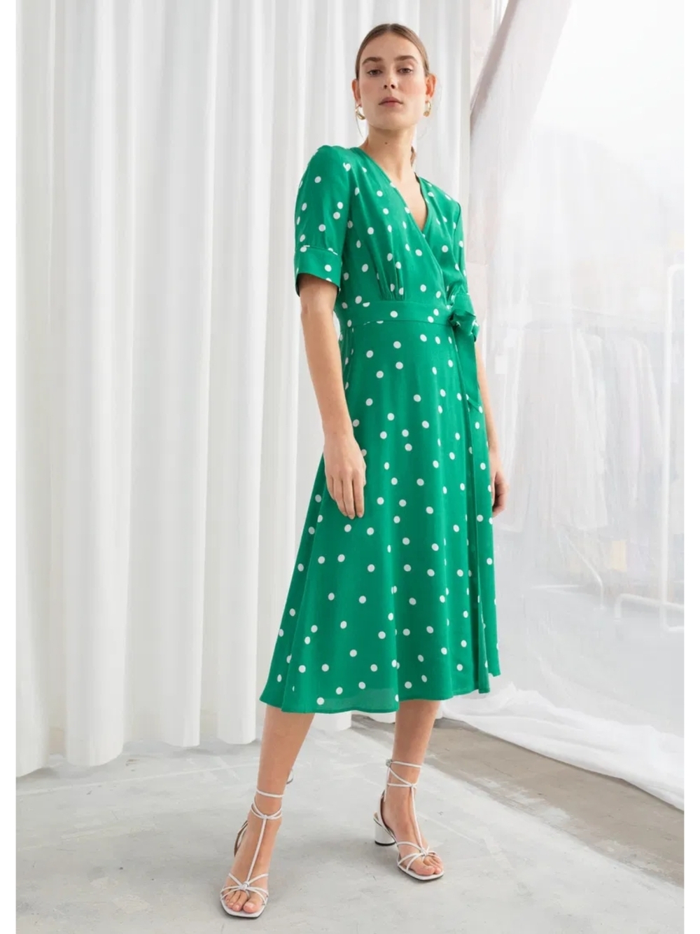 &Other Stories Green Polka Dot Midi Wrap Dress.